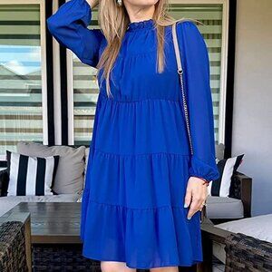 Spring Summer Long Sleeve Ruffle Mock Neck Tiered Mini Babydoll Dress Casual